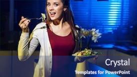  Presentation with ready to eat salad - Colorful PPT theme enhanced with woman eats salad at night backdrop and a navy blue colored foreground