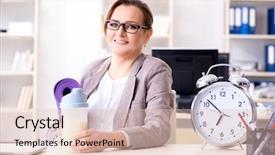  Presentation with employee anniversary work office - Audience pleasing slide deck consisting of woman employee going to sports backdrop and a  colored foreground