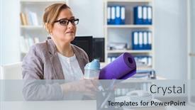  Presentation with lunch - Colorful PPT layouts enhanced with woman employee going to sports from work during lunch break backdrop and a light blue colored foreground