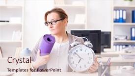  Presentation with sports - Amazing PPT theme having woman employee going to sports backdrop and a  colored foreground