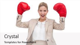  Presentation with boxing - Presentation theme enhanced with woman empowerment - cheering businesswoman with boxing gloves background and a light gray colored foreground