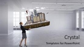  Presentation with woman engineer - Amazing theme having woman engineer and her project backdrop and a light gray colored foreground