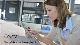  Presentation with woman engineer - Colorful PPT layouts enhanced with woman engineer working on digital backdrop and a light gray colored foreground