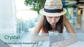  Presentation with cafe - Slides consisting of woman enjoy coffee in cafe background and a light blue colored foreground