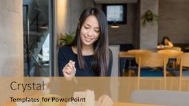  Presentation with coffee shop - Presentation theme with woman-enjoy-her-strawberry-cake background and a  colored foreground