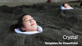  Presentation with sand - Theme featuring woman enjoy hot sand bath background and a dark gray colored foreground