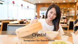  Presentation with chinese restaurant - Slide set with woman enjoy meal in chinese background and a coral colored foreground