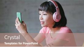  Presentation with mobile use - Slides featuring woman enjoy music and use of mobile phone background and a coral colored foreground