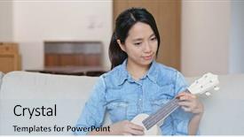  Presentation with ukulele - Presentation theme with woman enjoy play with ukulele background and a light blue colored foreground