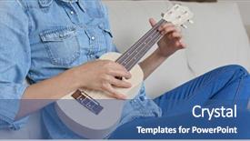  Presentation with ukulele - Slide set with woman enjoy play with ukulele background and a ocean colored foreground