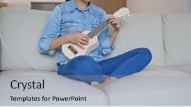  Presentation with ukulele - Slide set enhanced with woman enjoy play with ukulele background and a light blue colored foreground