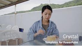  Presentation with coffee shop - Presentation theme enhanced with woman-enjoy-slice-of-cake background and a gray colored foreground