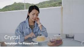  Presentation with coffee shop - Slide set featuring woman-enjoy-slice-of-cake background and a  colored foreground