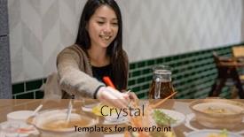  Presentation with dinner - Presentation design enhanced with woman-enjoy-the-dinner background and a coral colored foreground