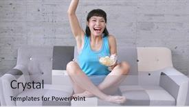  Presentation with korean - Slide set consisting of korean snacks - woman enjoy the football match background and a light gray colored foreground