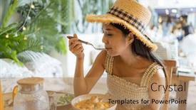  Presentation with pasta restaurant - Slides enhanced with woman-enjoy-the-scallop-pasta background and a coral colored foreground