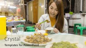  Presentation with food city - PPT layouts consisting of woman-enjoy-the-street-food background and a coral colored foreground