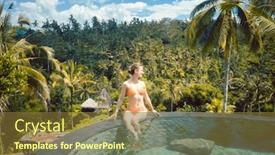  Presentation with jungle - Theme enhanced with woman enjoying her vacation on pool in the tropics with jungle in the background background and a tawny brown colored foreground