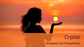  Presentation with sea sun - Audience pleasing presentation design consisting of woman enjoying in sea sunset backdrop and a gold colored foreground