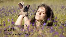  Presentation with green life - Colorful theme enhanced with woman enjoying life in a green field backdrop and a coral colored foreground