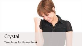  Presentation with success - PPT theme enhanced with woman-enjoying-success-with-clenched background and a white colored foreground