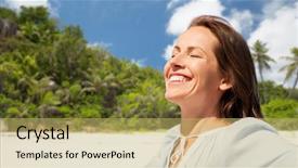  Presentation with people enjoying - Slide set with woman enjoying sun over seychelles background and a  colored foreground