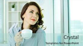  Presentation with happy image - Slide deck consisting of woman enjoying the coffee-break background and a light blue colored foreground