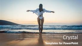  Presentation with freedom - Audience pleasing presentation theme consisting of woman enjoying the freedom of her vacation at the sea in a sunset mood backdrop and a violet colored foreground