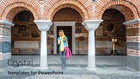  Presentation with orthodox - Colorful PPT layouts enhanced with woman-entering-the-church backdrop and a light blue colored foreground