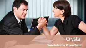  Presentation with equality - Amazing theme having woman equality - businesswoman and businessman are fighting backdrop and a coral colored foreground