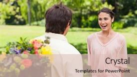  Presentation with hidden - Colorful PPT layouts enhanced with woman excited as she approaches her friend who has flowers hidden behind his back backdrop and a lemonade colored foreground
