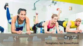  Presentation with group fitness - Colorful slide set enhanced with woman exercising a plank variation backdrop and a coral colored foreground
