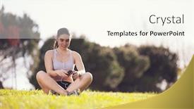  Presentation with garden city - Presentation theme having woman exercising at the city garden background and a cream colored foreground