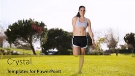  Presentation with garden city - Beautiful presentation design featuring woman exercising at the city garden backdrop and a gold colored foreground