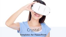  Presentation with experience - PPT theme featuring woman experience of virtual reality device background and a light blue colored foreground