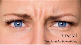  Presentation with blue eyes technology close up - Amazing presentation having woman expressing anger bad mood backdrop and a coral colored foreground