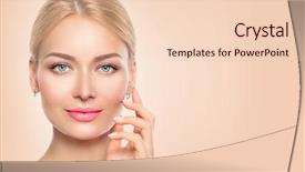  Presentation with youth skin care concept beige - Presentation with woman face closeup portrait beautiful background and a lemonade colored foreground