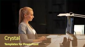  Presentation with technology - Audience pleasing PPT layouts consisting of woman face image in graphic backdrop and a tawny brown colored foreground