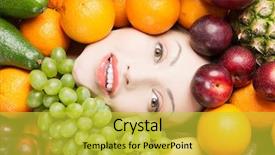  Presentation with healthy nutrition - Audience pleasing presentation design consisting of woman face in fruits healthy backdrop and a  colored foreground
