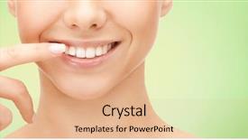  Presentation with dental hygiene - Amazing PPT theme having woman face pointing to teeth backdrop and a coral colored foreground