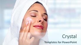  Presentation with cleansing - Presentation theme consisting of woman face with moisturising cream background and a cool aqua colored foreground