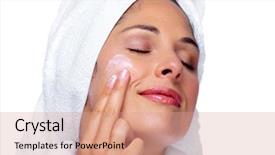  Presentation with beautiful skin - Slide set having woman face with moisturising cream background and a coral colored foreground