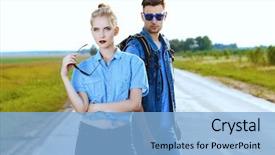  Presentation with jeans denim - Audience pleasing PPT layouts consisting of woman fashion - fashionable models wearing jeans clothes backdrop and a light blue colored foreground