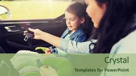  Presentation with safety transport - Colorful presentation design enhanced with woman fastening child with safety backdrop and a mint green colored foreground