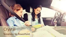  Presentation with safety transport - Slide set having woman fastening child with safety background and a soft green colored foreground