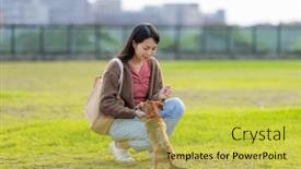  Presentation with dog park - PPT theme consisting of woman-feed-her-dog background and a  colored foreground