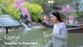  Presentation with garden pond - PPT theme featuring woman-feed-the-carp-fish background and a gray colored foreground