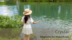  Presentation with garden pond - Presentation having woman-feed-the-fish background and a coral colored foreground