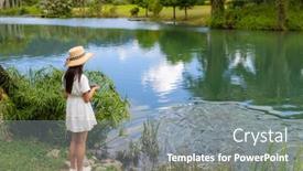  Presentation with garden pond - Presentation theme with woman-feed-the-fish background and a gray colored foreground