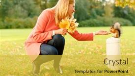  Presentation with fall leaves - Amazing PPT theme having woman-feeding-squirrel-in-autumn backdrop and a yellow colored foreground